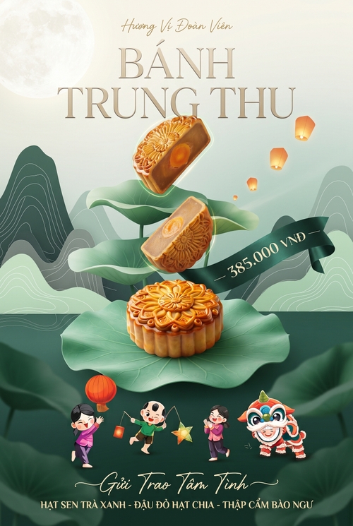 Từ hình https://media.penci.vn/bfc/image/transform/width=800,height=800/libs/images/2025/09/penci_pexels_q8.png, https://media.penci.vn/bfc/image/transform/width=800,height=800/graphics/2025/09/penci-21604419b1ba08a7a925ca36552a2860-2025150510.png, https://media.penci.vn/bfc/image/transform/width=800,height=800/graphics/2025/09/penci-9bbe3e496ec1bb72294b5d9428f29830-2025145855.png, https://media.penci.vn/bfc/image/transform/width=800,height=800/graphics/2025/09/penci-2d26f066cca13ebcf815acf81b2a7430-2025135120.png, https://media.penci.vn/bfc/image/transform/width=800,height=800/graphics/2025/09/penci-0b0fb514b863ab2b25e362f7548da89a-2025105232.png kết hợp cho ra thiết kế với nội dung: Một poster quảng cáo bánh Trung Thu cao cấp  mang phong cách Á Đông đương đại, sơn thủy cách điệu kết hợp nghệ thuật sắp đặt sản phẩm lơ lửng (modern oriental mooncake advertising / floating product composition / poetic landscape illustration), không khí thanh nhã, đoàn viên và giàu chất lễ hội,BỐ CỤC LÕI & TÍNH CHẤT VẬT LIỆU][HIỆU ỨNG ÁNH SÁNG & CHUYỂN ĐỘNG]Ánh sáng chính: Ánh sáng trắng vàng mềm từ phía trên trái, mô phỏng ánh trăng, làm nổi bề mặt bánh và tạo cảm giác thanh sạch, cao cấp.Ánh sáng viền: Mép bánh có viền sáng xanh vàng nhẹ, giúp tách sản phẩm khỏi nền núi và lá sen.Hiệu ứng lơ lửng: Các miếng bánh cách nhau một khoảng rõ ràng, hơi nghiêng theo các hướng khác nhau để tạo cảm giác đang bay trong không trung.Chuyển động bổ trợ: Dải lụa uốn cong, đèn trời bay lên, làn khói trắng và đoàn rước tiến ngang giúp bố cục không bị tĩnh.Chiều sâu: Bánh và nhân vật lễ hội ở trung tâm sắc nét; núi xa, mặt trăng và lá tiền cảnh được làm mờ nhẹ theo từng lớp.Phông nền: Không gian chuyển sắc từ trắng kem ở phía trên sang xanh lá đậm ở phía dưới. Một vầng trăng tròn trắng ngà khổng lồ nằm lệch góc trên trái, kết hợp các lớp núi sơn thủy và lá sen khổng lồ tạo chiều sâu Á Đông.Bố cục trung tâm: [Ba chiếc bánh Trung Thu ở ảnh đính kèm] Miếng bánh cắt đôi ở trên cùng.Miếng bánh cắt đôi thứ hai nằm giữa.Bánh nguyên chiếc đặt ở phía dưới làm bệ chính.Bệ nâng sản phẩm: Bánh nguyên chiếc đặt trên bề mặt lá sen lớn màu xanh ngọc. Các đường gân lá chạy tỏa tròn như một sân khấu tự nhiên, giúp nâng đỡ sản phẩm và dẫn mắt vào trung tâm.được xếp theo trục dọc bất trọng lực:CHI TIẾT ĐỒ HỌA & TRANG TRÍ BỔ TRỢ]Hậu cảnh sử dụng nhiều lớp núi sơn thủy cách điệu, phối các mảng xanh đậm – xanh xám – xanh pastel, bên trong có đường contour trắng mảnh mô phỏng bản đồ địa hình.Các lá sen khổng lồ uốn cong thành từng lớp như đồi núi, tạo cảm giác cảnh quan thiên nhiên siêu thực.Phía dưới bánh là nhóm nhân vật lễ hội mini dạng minh họa 2D, gồm: [các đồ họa đính kèm]Gần phần giá bán có một dải lụa xanh lá đậm uốn cong, đặt chéo qua khu vực trung tâm.Phía trên có các đèn trời màu cam vàng bay lên, kích thước nhỏ dần theo khoảng cách.Tiền cảnh là những mảng lá sen xanh đậm được làm mờ, tạo hiệu ứng nhìn xuyên qua tán lá và tăng chiều sâu trường ảnh.[BẢNG MÀU & CƠ CHẾ ĐỒNG BỘ MÀU SẮC]Màu chủ đạo: Xanh trà, xanh rêu, xanh lá sen, xanh ngọc và xanh rừng đậm.Màu nền: Trắng ngà, kem nhạt và vàng ánh trăng.Màu điểm nhấn: Vàng cam của lòng đỏ trứng, đèn trời và các chi tiết lễ hội.Màu chữ: Vàng champagne, trắng ngà và xanh đậm.Cơ chế đồng bộ: Màu xanh xuất hiện đồng nhất trên bánh, núi, lá sen, dải lụa và cảnh quan. Các chi tiết cam vàng chỉ được dùng với tỷ lệ nhỏ để thu hút mắt vào nhân bánh, lễ hội và ánh sáng Trung Thu.Tổng thể màu sắc mang cảm giác thanh mát, tự nhiên, cao cấp, truyền thống nhưng không cổ điển nặng nề.[KIỂU DÁNG FONT CHỮ & STYLE CHỮ – TYPOGRAPHY ĐỘC BẢN]Cụm tiêu đề chính “BÁNH TRUNG THU Chữ dẫn nhỏ phía trên tiêu đềFont đề xuất: Cormorant Garamond Italic hoặc SVN-Bodoni Italic.Kích thước nhỏ, nét rất mảnh, đặt giữa phía trên chữ “BÁNH”.Có thể dùng chữ đơn hoặc cụm ngắn mang ý nghĩa hương vị, mùa lễ hội hay thương hiệu.”Font đề xuất:SVN-BodoniDFVN BodoniCormorant Garamond LightPlayfair Display RegularDùng font serif thời trang, nét dọc mảnh, chân chữ thanh dài và độ tương phản nét cao.Chữ có cấu trúc cao, thanh thoát, hơi cách điệu theo phong cách thư pháp Á Đông hiện đại.Một số dấu tiếng Việt và nét ngang được kéo dài hoặc cắt khuyết để tạo cảm giác chữ thiết kế riêng.Màu chữ vàng champagne nhạt, kết hợp bevel kim loại rất nhẹ và bóng đổ mảnh.Dòng “BÁNH” có kích thước lớn, đặt giữa phía trên. Dòng “TRUNG THU” nhỏ hơn nhưng kéo rộng ngang khung hình.Font đề xuất:Cormorant Garamond Medium ItalicPlayfair Display ItalicBodoni Moda ItalicChữ serif nghiêng, màu trắng, bố trí theo độ cong của dải lụa.Số lượng nhỏ hơn; giá tiền lớn hơn rõ rệt.Có thể thêm đường gạch chéo, dấu phân cách hoặc text chú thích rất nhỏ phía dưới.4. Câu thông điệp viết tayFont đề xuất:SVN-Snell RoundhandUTM A&S SignwriterSVN-AstronoutDFVN Beauty ScriptDùng kiểu chữ ký viết tay mảnh, phóng khoáng, liên kết nét tự nhiên.Chữ màu trắng, đặt trên nền lá xanh đậm ở phần dưới.Các nét đầu và cuối chữ được kéo dài, tạo cảm giác mềm mại, tình cảm và thủ công.5. Dòng mô tả hương vị phía dướiFont đề xuất:Montserrat SemiCondensedBe Vietnam Pro SemiBoldRoboto Condensed MediumChữ in hoa, bản hẹp, khoảng cách ký tự rộng.Màu trắng ngà, kích thước nhỏ, đặt giữa đáy poster.