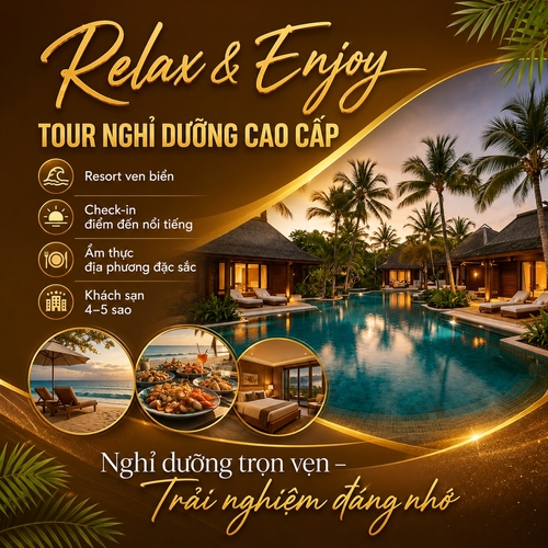 Từ hình https://media.penci.vn/bfc/image/transform/width=800,height=800/libs/imgupload/2026/07/upload_53365_Y7aKtpFCooMZ.png kết hợp cho ra thiết kế với nội dung: nền vàng nâu trầm sang trọng, chữ Relax & Enjoy font viết tay bay bổng nghiêng
