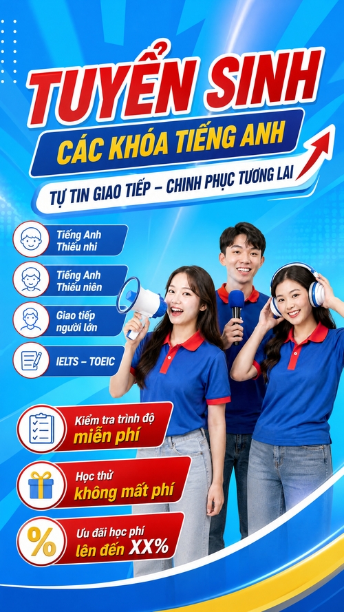 Từ hình https://media.penci.vn/bfc/image/transform/width=800,height=800/libs/images/2026/07/penci_bich_tram_w71.jpg kết hợp cho ra thiết kế với nội dung: Kiểm tra trình độ miễn phíHọc thử không mất phíƯu đãi học phí lên đến XX%, tone xanh tươi hiện đại, font chữ cứng nghiêng màu đỏ,