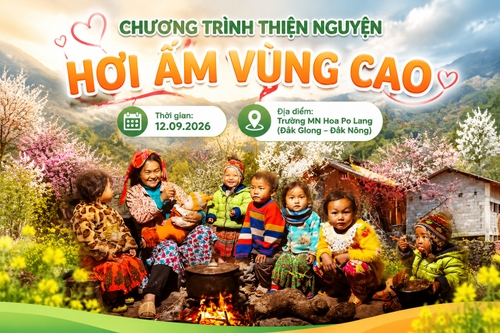 Từ hình https://media.penci.vn/bfc/image/transform/width=800,height=800/libs/images/2025/03/penci_pixabay_xuanduongvan87_11.jpg kết hợp với https://media.penci.vn/bfc/image/transform/width=800,height=800/libs/images/2025/10/penci_pixabay_altitude_adventures_asia_chronicles_2.jpg cho ra thiết kế với nội dung: Thời gian: 12.09.2026Địa điểm: Trường MN Hoa Po Lang (Đắk Glong – Đắk Nông)