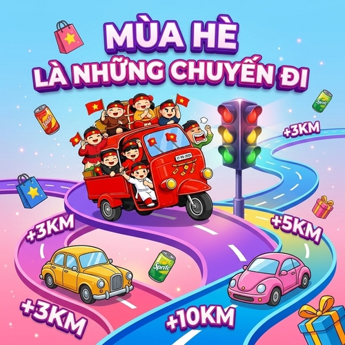 Từ hình https://media.penci.vn/bfc/image/transform/width=800,height=800/graphics/2026/04/penci-8627b22ed650b2ed93f50683a5447480-2026143823.png kết hợp cho ra thiết kế với nội dung: màu sắc tươi sáng trẻ trung, tông xanh trời – vàng – hồng – tím. Trung tâm là đèn giao thông 3D nổi bật, góc nhìn hơi từ dưới lên, tạo cảm giác lớn và thu hút. Bao quanh là đường uốn lượn nhiều màu như đường đua, có 2 xe hoạt hình từ ảnh đính kèm  chạy trên đường, một xe vàng và một xe hồng. Xung quanh thêm thẻ ưu đãi, lon nước, bảng quà tặng, text km thưởng bay nổi để tạo cảm giác sôi động. Tiêu đề lớn phía trên, kết hợp chữ đậm nổi khối với màu tím, hồng, trắng. Các text phụ như +3KM, +5KM, +10KM đặt nổi bật theo từng cung đường. Bố cục vui nhộn, năng động, hiệu ứng không gian bay, cảm giác game hóa và khuyến mãi hấp dẫn.