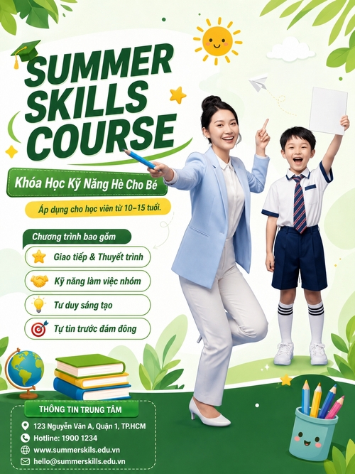 Từ hình https://media.penci.vn/bfc/image/transform/width=800,height=800/libs/images/2026/03/penci_van_kha_nguyen_aaq_1.png kết hợp cho ra thiết kế với nội dung: tone xanh lá trắng hiện đại, thêm element dễ thương xung quanh, font chữ xanh lá đậm nghiêng