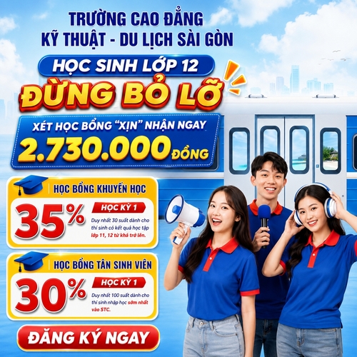 Từ hình https://media.penci.vn/bfc/image/transform/width=800,height=800/libs/images/2026/07/penci_bich_tram_w5_4.jpg kết hợp với https://media.penci.vn/bfc/image/transform/width=800,height=800/libs/images/2026/07/penci_bich_tram_w71.jpg cho ra thiết kế với nội dung: TRƯỜNG CAO ĐẲNG
KỸ THUẬT - DU LỊCH SÀI GÒN
HỌC SINH LỚP 12
ĐỪNG BỎ LỠ
XÉT HỌC BỔNG “XỊN” NHẬN NGAY
2.730.000 ĐỒNG (viết to)
HỌC BỔNG KHUYẾN HỌC
35%
HỌC KỲ 1
Duy nhất 30 suất dành cho thí sinh có kết quả học tập lớp 11, 12 từ khá trở lên.
HỌC BỔNG TÂN SINH VIÊN
30%
HỌC KỲ 1
Duy nhất 100 suất dành cho thí sinh nhập học sớm nhất vào STC.
ĐĂNG KÝ NGAY