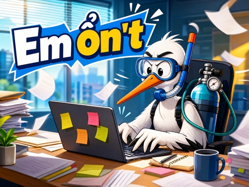viết tiêu đề: Em ổn't, kết hợp với chú cò phong cách 2D, đang đeo ống thở, cầm bình oxy, ngồi bấm bàn phím laptop làm việc bận rộn