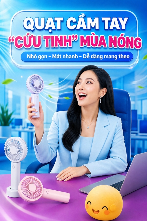 Từ hình https://media.penci.vn/bfc/image/transform/width=800,height=800/libs/imgupload/2026/07/upload_367_B1RA44WGnAax.png kết hợp cho ra thiết kế với nội dung: đổi nhân vật tóc đen, mặc đồ xanh pastel, mát, cầm quạt quảng cáo