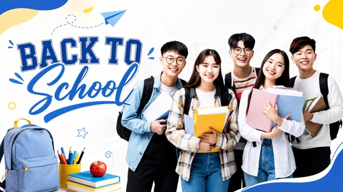 Từ hình https://media.penci.vn/bfc/image/transform/width=800,height=800/libs/images/2026/07/penci_bich_tram_w72.jpg kết hợp cho ra thiết kế với nội dung: nền trường học màu trắng, chữ BACK TO font cứng, chữ School font viết tay bay bổng, chữ xanh