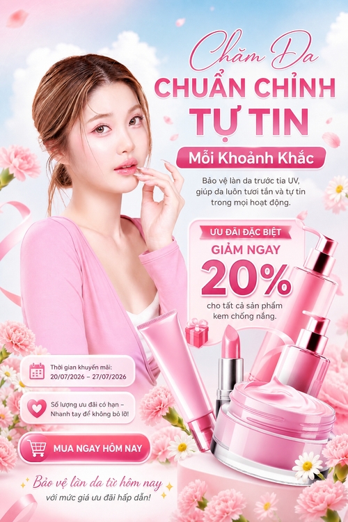 Từ hình https://media.penci.vn/bfc/image/transform/width=800,height=800/libs/images/2026/07/youdesign-w21-2026112244.jpg kết hợp với https://media.penci.vn/bfc/image/transform/width=800,height=800/libs/images/2025/07/penci_bich_tram_20_3.png, https://media.penci.vn/bfc/image/transform/width=800,height=800/libs/images/2026/03/penci_pexels_6362.jpg cho ra thiết kế với nội dung: Chăm Da CHUẨN CHỈNH TỰ TIN Mỗi Khoảnh KhắcBảo vệ làn da trước tia UV, giúp da luôn tươi tắn và tự tin trong mọi hoạt động.🎉 ƯU ĐÃI ĐẶC BIỆTGIẢM NGAY 20% cho tất cả sản phẩm kem chống nắng.📅 Thời gian khuyến mãi: 20/07/2026 – 27/07/2026💛 Số lượng ưu đãi có hạn – Nhanh tay để không bỏ lỡ!🛍️ MUA NGAY HÔM NAY✨ Bảo vệ làn da từ hôm nay với mức giá ưu đãi hấp dẫn!