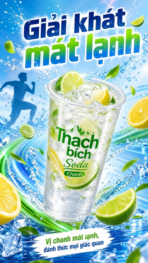 Thiết kế poster quảng cáo nước soda chanh giải khát với cảm hứng năng động, tươi mát và bùng nổ năng lượng. Dùng @img1 làm sản phẩm trung tâm, giữ ly nước soda chanh nổi bật với hiệu ứng giọt nước lạnh sắc nét. Tham khảo tinh thần chuyển động từ @img2 để tạo bố cục thể thao, trẻ trung, với những lát chanh vàng, lát lime xanh, splash nước và lá bay xung quanh.Bố cục dọc hiện đại, nền sáng xanh lạnh chuyển sắc, điểm thêm hiệu ứng nước bắn và bọt khí để tạo cảm giác giải khát tức thì. Đặt ly soda chanh ở vị trí trung tâm hơi nghiêng, phóng lớn để tăng độ hút mắt. Xung quanh là các lát chanh và lime bay theo quỹ đạo xoáy, tạo cảm giác chuyển động mạnh mẽ như một cú bứt tốc thể thao. Có thể lồng ghép silhouette hoặc tư thế năng động lấy cảm hứng từ @img2 ở hậu cảnh thật nhẹ, giúp poster mang tinh thần vận động mà không lấn át sản phẩm.Typography nổi bật, đậm, hiện đại với slogan như “Giải khát mát lạnh” Phần dưới có thể thêm dòng mô tả ngắn như “Vị chanh mát lạnh, đánh thức mọi giác quan”. Tổng thể ưu tiên màu xanh lá, xanh dương, vàng chanh và trắng, tạo cảm giác tươi sáng, sạch, lạnh và tràn đầy sức sống.Phong cách hình ảnh quảng cáo cao cấp, sắc nét, ánh sáng mạnh, độ tương phản cao, hiệu ứng nước trong veo, trái cây căng mọng, cảm giác mùa hè và thể thao hiện đại, phù hợp với poster truyền thông mạng xã hội hoặc in ấn khổ dọc