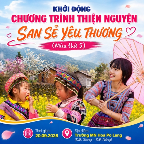 Từ hình https://media.penci.vn/bfc/image/transform/width=800,height=800/libs/images/2025/03/penci_pixabay_xuanduongvan87_11.jpg kết hợp với https://media.penci.vn/bfc/image/transform/width=800,height=800/libs/images/2025/08/penci_pixabay_daughter_7012471_1920.jpg, https://media.penci.vn/bfc/image/transform/width=800,height=800/libs/images/2025/08/penci_pixabay_portrait_7969197_1920.jpg cho ra thiết kế với nội dung: Thời gian: 20.09.2026, Địa điểm: Trường MN Hoa Po Lang (Đắk Glong – Đắk Nông)