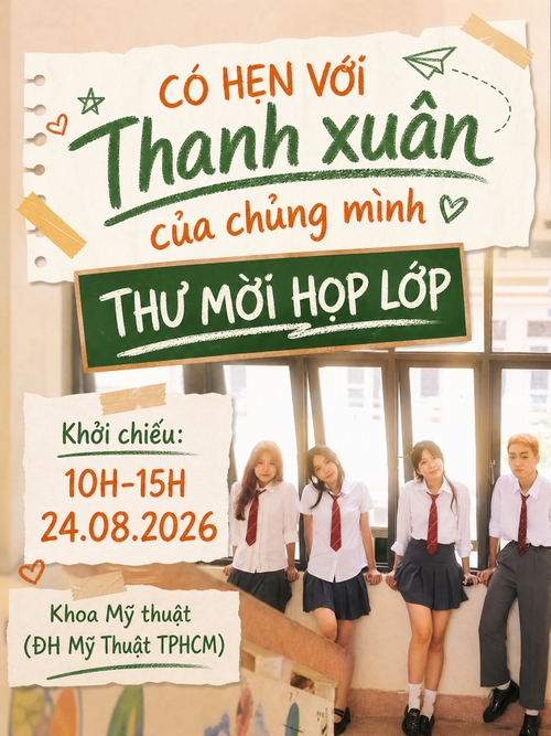 Từ hình https://media.penci.vn/bfc/image/transform/width=800,height=800/libs/images/2025/04/penci_pixabay_ban_be_friends_ban_than_hoc_sinh_student_lop_hoc_cap_ba_chuotanhls_34.jpg kết hợp với cho ra thiết kế với nội dung: font chữ brush như phấn viết lên bảng, không để các icon địa chỉ, thời gian, không để chữ thời gian và địa chỉ