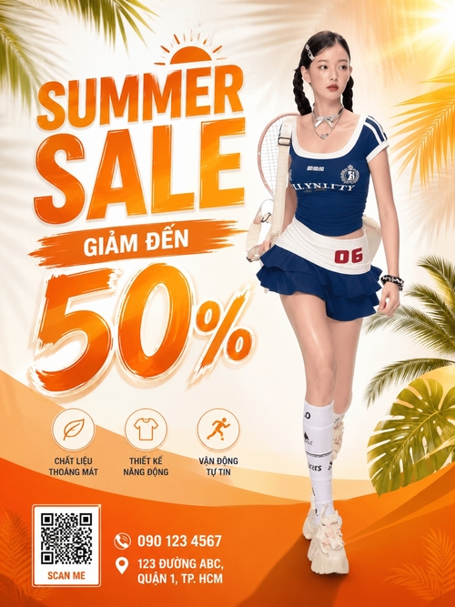 Sử dụng mẫu https://media.penci.vn/bfc/image/transform/width=800,height=800/libs/imgupload/2026/07/upload_1377_UKF5gbIWovFt.png hãy thiết kế poster quảng cáo chương trình giảm giá mùa hè cho thương hiệu thời trang thể thao nữ. Tông màu cam kết hợp trắng, phong cách trẻ trung và hiện đại. Hình ảnh người mẫu mặc váy mùa hè, kết hợp các chi tiết lá cọ và ánh nắng. Tiêu đề nổi bật "SUMMER SALE - Giảm đến 50%". Có khu vực hiển thị mã QR, hotline và địa chỉ cửa hàng. Thiết kế theo khổ dọc để phục vụ in poster.