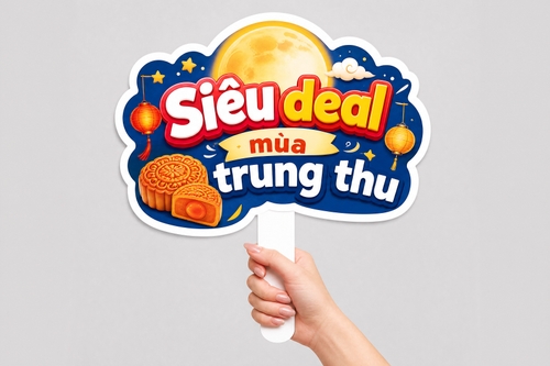 Thiết kế Hashtag cầm tay với nội dung 'Siêu deal mùa trung thu', mô tả đơn giản, thêm bánh trung thu.
