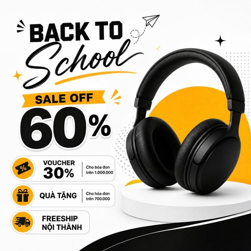 BACK TO School SALE OFF 60%, VOUCHER 30% Cho hóa đơn trên 1.000.000, QUÀ TẶNG Cho hóa đơn trên 700.000, FREESHIP Nội thành, tone trắng đen chữ đen nổi bật, phong cách tối giản, chữ BACK TO font cứng, chữ School font viết tay bay bổng @hinh1
