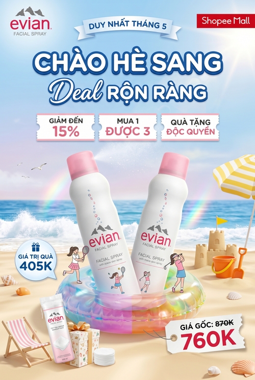 [BỐ CỤC LÕI & TÍNH CHẤT VẬT LIỆU]Bố cục tổng thể: Bố cục dạng Chữ V ngược / Tam giác hướng tâm. Hai chai xịt khoáng lớn đặt ở trung tâm làm tiêu điểm (Hero elements), có độ nghiêng nhẹ tạo nét năng động, bất đối xứng có chủ đích.Phân tầng không gian (Layering):Tiền cảnh (Foreground): Ghế bãi biển mini, hộp quà tặng, túi bông tẩy trang bên trái và tag giá "760K" rách góc đặt lệch bên phải.Trung cảnh (Midground): Phao bơi đa sắc nâng đỡ hai sản phẩm chính; mô hình lâu đài cát, xô nước và các nhân vật vector hoạt hình đang chơi đùa trên cát.Hậu cảnh (Background): Bờ biển với sóng trắng, mặt biển xanh ngắt kéo dài đến đường chân trời, bầu trời xanh pastel dịu mát chiếm 1/3 phía trên.Tính chất vật liệu:Nhám mịn (Matte nhựa/kim loại) của thân chai xịt khoáng và vỏ hộp giấy.Trong suốt, phản chiếu nhẹ của phao bơi nhựa PVC.Thô, hạt mịn của cát biển tự nhiên.Chất liệu giấy xé (Torn paper effect) ứng dụng cho các khung chứa text ưu đãi ở phía trên và tag giá phía dưới.2. [CHI TIẾT ĐỒ HỌA & TRANG TRÍ BỔ TRỢ]Yếu tố minh họa (Illustrations): Kết hợp phong cách 2D Vector flat illustration lồng ghép vào không gian 3D thực tế. Hình ảnh các cô gái mặc đồ thể thao (tennis, golf, bikini) được vẽ nét tối giản, màu sắc tươi sáng chuyển động trên cát hoặc ngay trên nhãn chai.Decorations bãi biển: Lâu đài cát nhỏ cắm cờ vàng, xô đồ chơi xúc cát màu cam, vỏ sò nhỏ rải rác, chim hải âu bay lượn trên trời và một góc dù che nắng bãi biển sọc vàng-trắng.Khung viền trang trí: Các khung chứa text khuyến mãi mô phỏng vé coupon/giấy xé màu hồng pastel và trắng, tạo cảm giác thủ công, nổi bật và trực quan.3. [HIỆU ỨNG ÁNH SÁNG & CHUYỂN ĐỘNG]Ánh sáng chính: Ánh sáng mặt trời mùa hè rực rỡ (Sunny studio lighting) từ góc trên bên phải chiếu xuống, tạo bóng đổ đổ dài dịu nhẹ phía sau sản phẩm và các chi tiết trên cát để tạo độ sâu.Hiệu ứng đặc biệt (VFX):Hiệu ứng Lens flare (lóe sáng mặt trời) nhẹ nhàng ở góc phải.Các dải cầu vồng mờ ảo (Rainbow prism effect) và hạt bọt nước mịn, tia nước li ti (Water mist) bay lơ lửng xung quanh sản phẩm, mang lại cảm giác tươi mát, giải nhiệt tức thì.Cảm giác chuyển động: Các nét vẽ nhân vật đang chạy, đánh bóng, sóng biển vỗ bờ tạo ra chuyển động năng động (Dynamic summer vibe), giảm bớt sự khô cứng của sản phẩm tĩnh.4. [BẢNG MÀU & CƠ CHẾ ĐỒNG BỘ MÀU SẮC]Màu chủ đạo (Dominant Colors): Sky Blue (Xanh da trời - chiếm 40%) và Sand Beige (Vàng cát biển - chiếm 30%).Màu điểm nhấn (Accent Colors): Coral Pink / Pastel Pink (Hồng san hô từ nắp chai và khung text - chiếm 20%) để tăng tính nữ tính, thanh lịch; thêm các chấm phá nhỏ của màu đỏ, cam, vàng từ các phụ kiện bãi biển để kích thích thị giác mua sắm.Cơ chế đồng bộ: Màu hồng của chữ "Evian" và nắp chai được lặp lại trọn vẹn ở các tag giảm giá phía trên và chiếc phao bơi. Màu xanh dương của bầu trời đồng bộ với tag giá "760K" ở tiền cảnh và màu chữ tiêu đề chính.5. [KIỂU DÁNG FONT CHỮ & STYLE CHỮ – TYPOGRAPHY ĐỘC BẢN]Tiêu đề chính ("CHÀO HÈ SANG"):Font gợi ý: UTM Alexander hoặc SVN-VAG Rounded Bold (Font Sans-serif bo tròn góc, dày dặn, tạo sự thân thiện, hiện đại).Style: Chữ màu trắng, đổ bóng drop shadow màu xanh dương đậm tách nền, có viền (stroke) trắng dày tạo hiệu ứng 3D nổi khối.Tiêu đề phụ ("Deal RỘN RÀNG"):Font gợi ý: Dữ "Deal" dùng font Script viết tay mềm mại, phóng khoáng như SVN-Gattely hoặc UTM Boulevard. Chữ "RỘN RÀNG" quay lại font Sans-serif đồng nhất với hàng trên.Style: Màu xanh dương viền trắng, tạo cảm giác sóng biển mát mẻ.Text thông tin ("GIẢM ĐẾN 15%", "760K"):Font gợi ý: SVN-Avo hoặc Montserrat ExtraBold (Font hình học, vuông vắn, cực kỳ dễ đọc khi thu nhỏ).Style: Màu trắng đặc trên nền hồng/xanh tương phản mạnh để làm nổi bật con số ưu đãi.6. [DANH MỤC TEXT NỘI DUNG VÀ BIẾN SỐ ĐỒNG BỘ (ĐÃ VIỆT HÓA) – THAY THẾ TẠI ĐÂY]Bạn có thể thay thế các cụm text dưới đây để áp dụng cho sản phẩm hoặc chiến dịch mới của mình:[Brand_Logo_Left]: "evian FACIAL SPRAY" (Logo thương hiệu góc trái)[Platform_Tag_Right]: "Shopee Mall" (Kênh phân phối góc phải)[Ribbon_Top_Center]: "DUY NHẤT THÁNG 5" (Thời gian áp dụng trên ruy-băng)[Main_Headline]: "CHÀO HÈ SANG" (Thông điệp chiến dịch dòng 1)[Sub_Headline]: "Deal RỘN RÀNG" (Thông điệp chiến dịch dòng 2)[Promo_Badge_1]: "GIẢM ĐẾN / 15%" (Nội dung khuyến mãi 1)[Promo_Badge_2]: "MUA 1 / ĐƯỢC 3" (Nội dung khuyến mãi 2)[Promo_Badge_3]: "QUÀ TẶNG / ĐỘC QUYỀN" (Nội dung khuyến mãi 3)[Gift_Tag_Left]: "GIÁ TRỊ QUÀ / 405K" (Tag bóng nước quà tặng)[Main_Price_Tag]: "GIÁ GỐC: 870K / 760K" (Tag giấy xé hiển thị giá sốc)