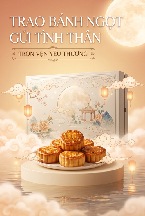Một poster quảng cáo bánh trung thu mang phong cách premium oriental luxury / moonlit festive product poster, cảm giác thanh lịch, ấm áp, sang trọng và nhẹ nhàng,[BỐ CỤC LÕI & TÍNH CHẤT VẬT LIỆU]Phông nền: Nền chuyển sắc cam vàng – kem sáng như hoàng hôn / đêm trăng ấm áp. Góc trên phải có mặt trăng tròn lớn phát sáng nhẹ, tạo cảm giác mùa Trung Thu rất rõ.Bố cục trung tâm: Ở giữa là hộp quà Trung Thu cao cấp đặt sau cụm bánh. Phía trước là bệ tròn màu kem đặt trên mặt nước phản chiếu.Sản phẩm chính: Cụm bánh Trung Thu được đặt ở tiền cảnh, bố trí gọn ở giữa đáy poster.Phần mô tả sản phẩm: như ảnh đính kèm.Chất liệu tổng thể: Hộp quà mang cảm giác giấy mỹ thuật cao cấp, có dập nổi nhẹ. Bánh có bề mặt nướng vàng óng, hoa văn sắc nét. Mặt nước, mây, sóng và nền đều được xử lý mềm, sạch, sang.[CHI TIẾT ĐỒ HỌA & TRANG TRÍ BỔ TRỢ]Có mây cách điệu Á Đông, đèn lồng treo, mặt trăng, sóng nước trang trí ở tiền cảnh.Hộp quà có minh họa nổi dạng trăng – đình/pavilion – hoa – núi – mây, rất đậm chất Trung Thu cao cấp.Nền dưới có mặt nước phản chiếu ánh sáng, kết hợp cụm mây lớn ở mép dưới giúp poster mềm và thơ hơn.Các chi tiết phụ đều thiên về trang trí sang trọng, không quá nhiều, chủ yếu để tôn sản phẩm.[HIỆU ỨNG ÁNH SÁNG & CHUYỂN ĐỘNG]Ánh sáng chính: Ánh sáng vàng ấm, mềm, phủ đều toàn poster, tạo cảm giác glowing nhẹ.Ánh sáng phụ: Ánh trăng phía trên phải tạo halo dịu, giúp tổng thể có chiều sâu và cảm giác đêm rằm.Hiệu ứng chất liệu: Hộp có dập nổi tinh tế, bánh có độ bóng nhẹ, mặt nước có phản sáng dịu.Cảm giác chuyển động: Poster khá tĩnh, chuyển động chủ yếu đến từ mây trôi, sóng uốn và đèn lồng treo, tạo nhịp thị giác nhẹ nhàng.[BẢNG MÀU & CƠ CHẾ ĐỒNG BỘ MÀU SẮC]Màu chủ đạo: Cam vàng, vàng kem, be sáng, trắng ngà.Màu phụ: Xanh olive nhạt / xanh matcha ở phần nhân bánh, nâu vàng ở vỏ bánh.Màu nhấn: Vàng ánh trăng, cam mật ong.Cơ chế đồng bộ màu sắc:Nền cam vàng + ánh trăng tạo cảm giác ấm áp, đoàn viên.Màu kem sáng của hộp và bệ giúp tổng thể sạch, sang, cao cấp.Màu bánh vàng nâu là điểm nhấn chính, nổi rõ trên nền sáng.[KIỂU DÁNG FONT CHỮ & STYLE CHỮ – TYPOGRAPHY ĐỘC BẢN]Tên font dưới đây là font gợi ý gần nhất để tái tạo phong cách.1. Tiêu đề chính serif lớnPhong cách: Serif cao cấp, thanh lịch, mềm mại, nhiều khoảng thở.Font gợi ý:Cormorant GaramondPlayfair DisplayBodoni ModaSVN-GaramondĐặc điểm: Chữ lớn, mảnh – thanh – sang, màu trắng/kem sáng, bố trí nhiều dòng ở góc trên trái.2. Dòng tagline phụ dưới tiêu đềPhong cách: Serif nhỏ, tinh tế, cổ điển nhẹ.Font gợi ý:Cormorant Garamond RegularEB GaramondLoraĐặc điểm: Nhỏ hơn tiêu đề nhiều, đặt 1 dòng ngang, có line ornament mảnh hai bên.3. Chữ / tên thương hiệu trên hộp nếu cần thêmPhong cách: Serif hoặc sans-serif mảnh, tối giản, cao cấp.Font gợi ý:CinzelCormorant SCBe Vietnam Pro Medium[DANH MỤC TEXT NỘI DUNG VÀ BIẾN SỐ ĐỒNG BỘ (ĐÃ VIỆT HÓA) – THAY THẾ TẠI ĐÂY]1. [DÒNG SẢN PHẨM CHÍNH VÀ Ý NGHĨA ĐỒNG BỘ]PHẦN MÔ TẢ SẢN PHẨM: NHƯ ẢNH ĐÍNH KÈM.2. TIÊU ĐỀ CHÍNH – DÒNG 1TRAO BÁNH NGỌT3. TIÊU ĐỀ CHÍNH – DÒNG 2GỬI TÌNH THÂN4. DÒNG MÔ TẢ PHỤ DƯỚI TIÊU ĐỀTRỌN VẸN YÊU THƯƠNG