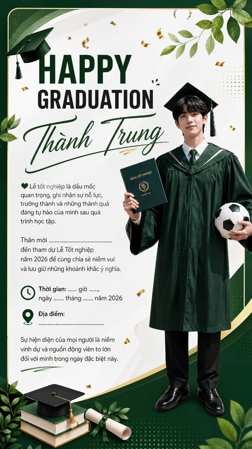 Từ hình kết hợp cho ra thiết kế với nội dung: https://media.penci.vn/bfc/image/transform/width=800,height=800/libs/images/2026/06/penci_tran_tran_penci_ai_image_1781772270766.png tone xanh lá đen trắng hiện đại, chữ Thành Trung font viết tay bay bổng