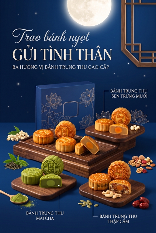 Một poster quảng cáo bánh Trung Thu cao cấp mang phong cách premium oriental product poster / moonlit luxury mooncake poster, kết hợp giữa bố cục thương mại sang trọng, chất Á Đông hiện đại và không khí đêm trăng thanh nhã,Phông nền (Background):
Nền xanh cobalt đậm, sạch, mịn và sang trọng, gợi cảm giác đêm trăng cao cấp. Phía trên có mặt trăng tròn lớn phát sáng trắng ngà, kết hợp với một khung cửa gỗ kiểu Á Đông ở góc phải trên, tạo cảm giác không gian thưởng nguyệt trong đêm Trung Thu.


Cơ chế đồng bộ hình ảnh:
Trung tâm bố cục là một hệ trưng bày sản phẩm chứa [DÒNG SẢN PHẨM CHÍNH VÀ Ý NGHĨA ĐỒNG BỘ], được đặt trên các khay / bàn gỗ tối màu nhiều tầng, sắp xếp theo kiểu premium display.


Tính chất vật liệu sản phẩm:
Bánh có bề mặt nướng vàng óng hoặc xanh matcha mịn, hoa văn dập nổi rõ nét, cảm giác cao cấp, chắc tay, chụp theo phong cách food photography thương mại.
Các lát cắt cho thấy rõ phần nhân bên trong, bề mặt cắt mịn, rõ kết cấu.


Cơ chế bố trí sản phẩm:
Sản phẩm chia thành 3 cụm chính:


Cụm bánh phía trên bên phải.


Cụm bánh matcha phía dưới bên trái.


Cụm bánh thập cẩm phía dưới bên phải.
Mỗi cụm gồm bánh nguyên chiếc và bánh cắt đôi để thể hiện rõ hình dáng và phần nhân.




Bệ nâng sản phẩm:
Sử dụng mặt bàn / khay gỗ nâu sẫm, bo cạnh mềm, có vân gỗ tự nhiên, tạo cảm giác thủ công cao cấp và ấm áp.




Bố cục tổng thể:
Poster chia thành 2 mảng chính:


Mảng thông điệp + typography ở nửa trên bên trái.


Mảng sản phẩm chiếm toàn bộ nửa dưới và bên phải.





[CHI TIẾT ĐỒ HỌA & TRANG TRÍ BỔ TRỢ]


Mặt trăng lớn đặt ở góc trên, vừa làm nền vừa tạo halo thị giác cho phần tiêu đề.


Khung cửa gỗ truyền thống kiểu Á Đông đặt bên phải trên, tăng cảm giác không gian thưởng nguyệt, thi vị và cổ điển hiện đại.


Hộp quà Trung Thu màu xanh đậm, in họa tiết line art hoa sen vàng kim, đặt phía sau sản phẩm để gợi cảm giác quà biếu cao cấp.


Mỗi cụm bánh có thêm nguyên liệu minh họa đặt cạnh:


Lá trà, bột matcha, hạt sen.


Các loại hạt, quả khô, hạt bí, hạt điều, táo đỏ…




Các đường line chỉ dẫn mảnh màu trắng dùng để nối tên sản phẩm với từng cụm bánh, theo phong cách catalog thương mại cao cấp.


Có các chấm sáng nhỏ li ti như sao đêm giúp nền bớt phẳng và tăng chiều sâu.



[HIỆU ỨNG ÁNH SÁNG & CHUYỂN ĐỘNG]


Ánh sáng chính:
Ánh sáng mềm, sạch, thiên về studio premium, chiếu từ phía trước và hơi từ trên xuống, làm nổi rõ bề mặt bánh và vân gỗ.


Ánh sáng phụ / ánh trăng:
Ánh sáng trắng lạnh nhẹ từ vùng mặt trăng giúp cân bằng với tông ấm của bánh, tạo cảm giác thanh mát và sang trọng.


Ánh sáng viền:
Bánh, hộp quà và cạnh khay gỗ có viền sáng nhẹ để tách khỏi nền xanh đậm.


Hiệu ứng chất liệu:
Vỏ bánh nướng có độ bóng nhẹ; bánh matcha mịn, lì; gỗ có phản sáng nhẹ tự nhiên; hộp quà và chi tiết vàng kim có cảm giác in ép kim tinh tế.


Hiệu ứng chuyển động:
Poster thiên về sự tĩnh, sang trọng, không có chuyển động mạnh. Chuyển động thị giác chủ yếu đến từ:


nhịp phân tầng của các khay gỗ,


hướng mắt đi theo các cụm bánh,


đường chỉ dẫn sản phẩm,


nhịp cong mềm của typography.





[BẢNG MÀU & CƠ CHẾ ĐỒNG BỘ MÀU SẮC]


Màu nền chủ đạo: Xanh cobalt đậm, xanh royal, xanh midnight.


Màu sản phẩm chính: Vàng nâu bánh nướng, xanh matcha, cam trứng muối, nâu nhân thập cẩm.


Màu vật liệu phụ: Nâu gỗ đậm, nâu hạt, be kem.


Màu nhấn sang trọng: Trắng ngà, bạc sáng, vàng kim nhẹ.


Cơ chế đồng bộ màu sắc:


Nền xanh đậm tạo cảm giác đêm trăng thanh lịch và làm nổi bật màu bánh.


Màu vàng nâu và cam trứng muối tạo trọng tâm ấm áp.


Xanh matcha và xanh hộp quà giúp đồng nhất chủ đề.


Trắng bạc trong typography giữ cảm giác cao cấp, tinh khiết và dễ đọc.





[KIỂU DÁNG FONT CHỮ & STYLE CHỮ – TYPOGRAPHY ĐỘC BẢN]

Lưu ý: tên font dưới đây là font gợi ý gần nhất để tái tạo phong cách từ ảnh mẫu, không khẳng định chính xác 100% font gốc.

1. Tiêu đề script phía trên – “TRAO BÁNH NGỌT”


Phong cách: Chữ viết tay script cao cấp, mềm mại, thanh lịch, có tính ký họa.


Font gợi ý gần nhất:


Bickham Script Pro


Edwardian Script ITC


Great Vibes


SVN-Aston Script




Đặc điểm:


Nét mảnh, lướt mềm.


Có độ nghiêng nhẹ.


Cảm giác tinh tế, tình cảm, sang trọng.


Phù hợp làm dòng dẫn cảm xúc phía trên tiêu đề chính.




Chất liệu chữ: Bạc sáng / trắng ánh kim, có emboss nhẹ và glow mềm.


2. Tiêu đề chính serif lớn – “Gửi Tình Thân”


Phong cách: Serif cao cấp, editorial luxury, đậm chất sang trọng và Á Đông hiện đại.


Font gợi ý gần nhất:


Cormorant Garamond


Playfair Display


Bodoni Moda


SVN-Garamond Display




Đặc điểm:


Chữ lớn, thanh – đậm rõ ràng.


Có chân chữ thanh thoát.


Bố cục trải ngang rộng, tạo cảm giác cao cấp và trang trọng.


Đây là cụm chữ lớn nhất poster.




Chất liệu chữ: Trắng bạc / silver metallic, có đổ bóng nhẹ và nổi khối tinh tế.


3. Dòng mô tả phụ – “Ba hương vị bánh trung thu cao cấp”


Phong cách: Serif đơn giản, thanh lịch, dễ đọc.


Font gợi ý gần nhất:


Cormorant Garamond Regular


EB Garamond


Lora


SVN-Garamond




Đặc điểm:


Kích thước nhỏ hơn rõ rệt.


Dùng để bổ sung thông tin, không cạnh tranh với tiêu đề chính.


Căn giữa hoặc căn theo khối tiêu đề.




4. Tên nhãn từng loại bánh


Phong cách: Serif rõ ràng, cổ điển nhẹ, dùng như nhãn chú thích sản phẩm.


Font gợi ý gần nhất:


Cormorant Garamond Medium


Lora Regular


Libre Baskerville




Đặc điểm:


Chữ trắng, cỡ vừa.


Đi kèm line chỉ dẫn mảnh.


Trình bày thành 2 dòng ngắn, gọn, sang.




5. Họa tiết line ornament / phân cách


Phong cách: Ornament mảnh, đối xứng, thanh lịch.


Ứng dụng: Đặt dưới dòng mô tả phụ để tạo điểm nhấn trang trí tinh tế kiểu premium.



[DANH MỤC TEXT NỘI DUNG VÀ BIẾN SỐ ĐỒNG BỘ (ĐÃ VIỆT HÓA) – THAY THẾ TẠI ĐÂY]
1. [DÒNG SẢN PHẨM CHÍNH VÀ Ý NGHĨA ĐỒNG BỘ]
BỘ 3 LOẠI BÁNH TRUNG THU CAO CẤP NHƯ ẢNH ĐÍNH KÈM, ĐƯỢC TRƯNG BÀY TRÊN CÁC KHAY GỖ TỐI MÀU THEO PHONG CÁCH SANG TRỌNG, KẾT HỢP HỘP QUÀ CAO CẤP, KHUNG CỬA Á ĐÔNG, MẶT TRĂNG LỚN VÀ NỀN XANH ĐÊM TRĂNG.

2. TIÊU ĐỀ PHỤ CHỮ VIẾT TAY – DÒNG 1
TRAO BÁNH NGỌT
3. TIÊU ĐỀ CHÍNH SERIF LỚN – DÒNG 2
GỬI TÌNH THÂN
4. DÒNG MÔ TẢ PHỤ DƯỚI TIÊU ĐỀ
BA HƯƠNG VỊ BÁNH TRUNG THU CAO CẤP
5. TÊN SẢN PHẨM CỤM TRÊN
BÁNH TRUNG THU SEN TRỨNG MUỐI
6. TÊN SẢN PHẨM CỤM DƯỚI TRÁI
BÁNH TRUNG THU MATCHA
7. TÊN SẢN PHẨM CỤM DƯỚI PHẢI
BÁNH TRUNG THU THẬP CẨM