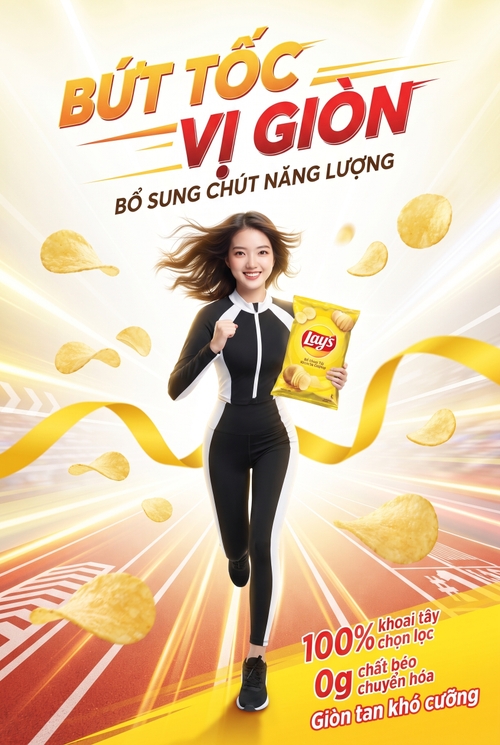 Từ hình https://media.penci.vn/bfc/image/transform/width=800,height=800/libs/images/2024/12/penci_bich_tram_0074dd279055677b0cfd0258f415b28052263a4094c50b2af0df36fd8d31b242.png kết hợp cho ra thiết kế với nội dung: thiết kế poster quảng cáo sản phẩm snack khoai tây, phong cách năng động, trẻ trung, tràn đầy tốc độ và cảm giác bứt phá., nền trắng vàng rực sáng với các vệt sáng chuyển động mạnh, hiệu ứng đường đua thể thao hiện đại. Trung tâm là cô gái trẻ đang chạy về phía trước với nụ cười tự tin, tóc bay, trang phục thể thao ôm dáng màu trắng và đen, tư thế sống động thể hiện tinh thần bứt tốc. Trên tay cô cầm gói snack khoai tây màu vàng nổi bật, hiển thị rõ logo thương hiệu.Xung quanh là nhiều lát khoai tây bay lơ lửng, tạo cảm giác giòn tan, chuyển động nhanh và hấp dẫn. Thêm dải ruy băng vàng uốn lượn ngang khung hình để tăng cảm giác tốc độ. Typography lớn, đậm, hiện đại ở phía trên với dòng chữ “BỨT TỐC VỊ GIÒN”, màu cam vàng và đỏ, bố cục mạnh mẽ, có hiệu ứng nghiêng và xé gió. Phần phụ đề nhỏ hơn: “BỔ SUNG CHÚT NĂNG LƯỢNG”. Góc dưới có thông tin sản phẩm như “100% khoai tây chọn lọc”, “0g chất béo chuyển hóa”, “Giòn tan khó cưỡng”