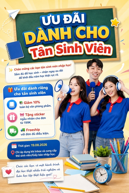 Từ hình https://media.penci.vn/bfc/image/transform/width=800,height=800/libs/images/2026/07/penci_bich_tram_w71.jpg kết hợp với https://media.penci.vn/bfc/image/transform/width=800,height=800/libs/images/2026/07/penci_bich_tram_w63.jpg cho ra thiết kế với nội dung: ✨ Chào mừng các bạn tân sinh viên nhập học!
Sắm đủ đồ học xinh – nhận ngay ưu đãi để khởi đầu năm học thật rực rỡ.
🎁 Ưu đãi dành riêng cho tân sinh viên


📚 Giảm 10% toàn bộ văn phòng phẩm.


🎀 Tặng sticker ngẫu nhiên cho đơn từ 199K.


🚚 Freeship với đơn đủ điều kiện.


📅 Thời gian: 19.08.2026
📍 Chỉ áp dụng khi inbox và cung cấp thẻ sinh viên/Giấy báo nhập học.
💌 Chúc các bạn có một hành trình đại học thật nhiều trải nghiệm và luôn học tập thật hiệu quả!