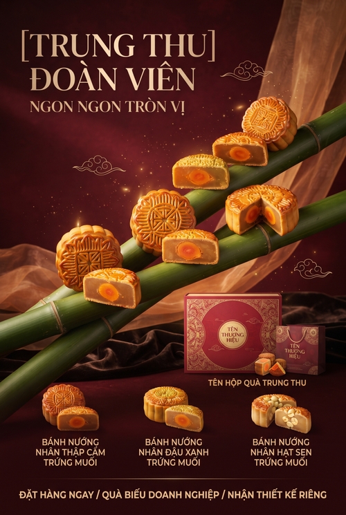 Một poster quảng cáo bánh Trung Thu truyền thống cao cấp mang phong cách luxury oriental product poster / festive premium mooncake key visual, kết hợp nghệ thuật sắp đặt sản phẩm với chất liệu Á Đông sang trọng, không khí lễ hội ấm áp – đoàn viên – cao cấp, bố cục vuông tỷ lệ 1:1.

[BỐ CỤC LÕI & TÍNH CHẤT VẬT LIỆU]


Phông nền (Background):
Nền đỏ rượu vang đậm (deep burgundy red) pha ánh nhũ mịn, tạo cảm giác sang trọng và ấm áp của mùa Trung Thu. Bề mặt nền không phẳng hoàn toàn mà có lớp hạt ánh sáng li ti, độ chuyển sắc và độ sâu nhẹ như nhung phủ ánh kim.


Cơ chế đồng bộ hình ảnh:
Trung tâm bố cục là một hệ sắp đặt sản phẩm chứa [3 BÁNH TRUNG THU 3 NHÂN KHÁC NHAU], được đặt trên các thân tre xanh lớn giao chéo nhau như một bệ trưng bày nghệ thuật tự nhiên.


Tính chất vật liệu sản phẩm:
Bánh Trung Thu có lớp vỏ nướng màu vàng nâu hổ phách, bề mặt bóng nhẹ, họa tiết dập nổi sắc nét, rõ độ thủ công cao cấp. Các lát cắt để lộ phần nhân mịn, đặc, rõ kết cấu và lòng đỏ trứng muối màu cam đỏ rực.


Cơ chế bố trí sản phẩm:
Sản phẩm được dàn theo nhiều tầng: bánh nguyên chiếc ở các vị trí chính, xen kẽ các miếng bánh cắt đôi để khoe phần nhân bên trong. Bánh lớn đặt ở trung tâm và các vùng tiền cảnh; các lát cắt nhỏ hơn bố trí phụ trợ quanh đó để tăng nhịp nhìn.


Bệ nâng sản phẩm:
Các thân tre xanh bóng mượt, có mắt tre rõ, chạy chéo xuyên khung hình từ trái sang phải, tạo đường dẫn thị giác mạnh và mang chất Á Đông tự nhiên.


Đạo cụ thương hiệu / quà tặng:
Có hộp bánh đỏ cao cấp và túi/hộp quà nhỏ đặt ở nền sau và góc dưới, giúp tăng cảm giác quà biếu sang trọng, phù hợp mùa lễ.




Kiểu bố cục tổng thể:
Bố cục chia thành 2 vùng chính:


Vùng thông điệp ở góc trên trái.


Vùng sản phẩm chủ đạo chiếm phần lớn trung tâm – phải – dưới của khung hình.





[CHI TIẾT ĐỒ HỌA & TRANG TRÍ BỔ TRỢ]


Các dải lụa voan màu vàng hổ phách bay lượn mềm mại ở góc trên phải và góc dưới phải, tạo cảm giác sang trọng, mềm, thơ và có tính lễ hội.


Xuất hiện các chi tiết mây cách điệu Á Đông nhỏ, vẽ line art vàng, đặt gần typography để tăng chất truyền thống.


Có các đốm sáng li ti như bụi sao hoặc hạt kim tuyến rải rác trên nền đỏ, giúp bố cục bớt phẳng và tăng chiều sâu thị giác.


Hộp bánh quà màu đỏ với họa tiết hoa văn vàng kim, hình tròn cửa sổ hoặc phù hiệu trung tâm, đóng vai trò như vật thể kể chuyện về bộ quà biếu Trung Thu.


Một số nếp vải đỏ nhung hoặc nền vải mềm tối màu xuất hiện ở hậu cảnh dưới sản phẩm, giúp nối màu với background và tăng cảm giác sang trọng.


Các chi tiết trang trí không quá dày; toàn bộ đồ họa bổ trợ đều phục vụ việc tôn sản phẩm lên chứ không cạnh tranh thị giác với bánh.



[HIỆU ỨNG ÁNH SÁNG & CHUYỂN ĐỘNG]


Ánh sáng chính:
Ánh sáng vàng ấm chiếu từ phía trên trước, làm nổi bề mặt bánh, viền tre và họa tiết hộp quà.


Ánh sáng viền:
Viền sáng mảnh chạy quanh bánh và dải voan, giúp vật thể tách khỏi nền đỏ sẫm.


Hiệu ứng bề mặt:
Bánh có độ bóng nhẹ kiểu glaze mỏng; hộp quà và typography có hiệu ứng kim loại/ép kim; thân tre phản sáng mềm tự nhiên.


Hiệu ứng chuyển động:
Chuyển động chủ yếu đến từ các dải voan uốn lượn, nếp vải và hướng chéo của tre. Bánh giữ cảm giác ổn định, chắc chắn; các yếu tố mềm xung quanh tạo nhịp động nhẹ.


Chiều sâu trường ảnh:
Sản phẩm tiền cảnh sắc nét nhất; hộp phía sau, phần voan xa và các đốm sáng nền mờ nhẹ để tạo cảm giác không gian nhiều lớp.


Không khí tổng thể:
Ấm áp, cao cấp, đậm chất quà biếu lễ hội, thiên về cảm xúc sum vầy hơn là năng lượng sôi động.



[BẢNG MÀU & CƠ CHẾ ĐỒNG BỘ MÀU SẮC]


Màu nền chủ đạo: Đỏ rượu vang, đỏ nhung, đỏ nâu trầm.


Màu sản phẩm: Vàng nâu mật ong, vàng hổ phách, cam trứng muối.


Màu vật liệu tự nhiên: Xanh tre, xanh olive, xanh lá trầm.


Màu nhấn cao cấp: Vàng champagne, vàng kim, vàng đồng.


Màu trung tính phụ trợ: Nâu gỗ, kem sáng, be vàng.


Cơ chế đồng bộ màu sắc:


Đỏ + vàng kim tạo cảm giác lễ hội, truyền thống, cao cấp.


Xanh tre làm màu đối trọng tự nhiên, giúp bố cục không bị quá nóng và tăng chất Á Đông.


Cam đỏ của lòng đỏ trứng là điểm nhấn thị giác nhỏ nhưng rất mạnh, giúp lát cắt bánh nổi bật ngay lập tức.


Tất cả màu sắc đều được xử lý theo hướng ấm – sang – sâu – bóng nhẹ, tránh màu quá tươi kiểu trẻ em.



[KIỂU DÁNG FONT CHỮ & STYLE CHỮ – TYPOGRAPHY ĐỘC BẢN]

Lưu ý: Không thể xác nhận chính xác 100% font gốc chỉ từ ảnh mẫu. Dưới đây là các font gần nhất về tinh thần tạo hình để tái dựng phong cách.

1. Cụm tiêu đề chính: “Trung thu đoàn viên”


Phong cách: Serif cao cấp kiểu Didone / editorial luxury, nét thanh đậm tương phản mạnh, chân chữ thanh mảnh, rất sang và giàu cảm xúc.


Đặc điểm tạo hình:


Chữ có thân cao, thon, mềm.


Các nét cong lớn, thanh thoát.


Khoảng trắng giữa chữ rất đẹp, tạo cảm giác cao cấp như bìa tạp chí thời trang.


Một số ký tự có độ vươn dài và liên kết mềm, khiến cụm chữ mang chất trang trí hơn chữ thông thường.




Font đề xuất gần nhất:


Bodoni Moda


Cormorant Garamond Light / Medium


Playfair Display


SVN-Bodoni


Canela (nếu có bản quyền)




Xử lý chất liệu chữ:
Chữ màu vàng champagne sáng, có hiệu ứng phát sáng nhẹ / ép kim mờ / ánh kim dịu, đặt trên nền đỏ đậm để tạo tương phản sang trọng.



2. Cụm tagline phụ: “Ngon ngon tròn vị”


Phong cách: Serif mềm, thanh lịch, ít tương phản hơn tiêu đề chính, dễ đọc nhưng vẫn có chất truyền thống sang trọng.


Font đề xuất gần nhất:


Cormorant Garamond Regular


EB Garamond Medium


SVN-Garamond


Bodoni Moda Regular




Đặc điểm:


Cỡ chữ nhỏ hơn rõ rệt so với tiêu đề chính.


Màu vàng kim / vàng champagne đồng bộ với tiêu đề.


Có thể đặt cùng một đường cơ sở ngang, đi kèm line ornament trang trí.





3. Họa tiết line ornament / mây trang trí


Phong cách: Line art Á Đông mảnh, màu vàng đồng.


Đặc điểm:


Dùng như chi tiết phân tách hoặc neo bố cục typography.


Không phải font mà là ornament vector mảnh, mang tinh thần thư họa – truyền thống.





4. Typography phụ trên hộp / nhãn thương hiệu


Phong cách: Tùy bộ nhận diện thương hiệu; ưu tiên serif sang trọng hoặc sans-serif tinh gọn kết hợp hoa văn cổ điển.


Font gợi ý nếu cần tự dựng:


Cinzel


Cormorant SC


Trajan Pro


Be Vietnam Pro SemiBold (cho thông tin phụ hiện đại)TIÊU ĐỀ CHÍNH – DÒNG 1
TRUNG THU
3. TIÊU ĐỀ CHÍNH – DÒNG 2
ĐOÀN VIÊN
4. TAGLINE / THÔNG ĐIỆP PHỤ
NGON NGON TRÒN VỊ
5. TÊN DÒNG BÁNH / HƯƠNG VỊ CHÍNH
[TÊN BỘ SƯU TẬP HOẶC HƯƠNG VỊ]
6. MÔ TẢ HƯƠNG VỊ 1
[BÁNH NƯỚNG NHÂN THẬP CẨM TRỨNG MUỐI]
7. MÔ TẢ HƯƠNG VỊ 2
[BÁNH NƯỚNG NHÂN ĐẬU XANH TRỨNG MUỐI]
8. MÔ TẢ HƯƠNG VỊ 3
[BÁNH NƯỚNG NHÂN HẠT SEN TRỨNG MUỐI]
9. TÊN THƯƠNG HIỆU
[TÊN THƯƠNG HIỆU]
10. TÊN BỘ QUÀ / HỘP QUÀ
[TÊN HỘP QUÀ TRUNG THU]
11. THÔNG TIN KÊU GỌI HÀNH ĐỘNG / ĐẶT HÀNG
[ĐẶT HÀNG NGAY / QUÀ BIẾU DOANH NGHIỆP / NHẬN THIẾT KẾ RIÊNG]