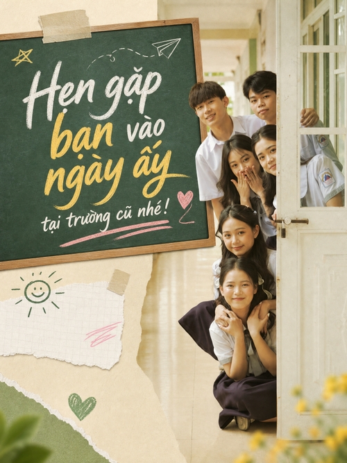 Từ hình https://media.penci.vn/bfc/image/transform/width=800,height=800/libs/images/2025/10/penci_pexels_pexels_lap_dinh_quoc_728742807_27910920.jpg kết hợp cho ra thiết kế với nội dung: Hẹn gặp bạn vào ngày ấy tại trường cũ nhé!, font chữ brush như phấn viết lên bảng, không để các icon địa chỉ, thời gian, không để chữ thời gian và địa chỉ