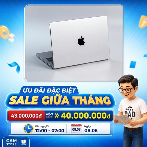 Từ hình https://media.penci.vn/bfc/image/transform/width=800,height=800/libs/images/2025/06/penci_pixabay_may_tinh_laptop_dien_tu_cong_nghe_technology_dlxmediahu.jpgtạo thiết kế như https://media.penci.vn/bfc/image/transform/width=800,height=800/libs/imgupload/2026/07/upload_367_53GyHHkYQjYh.png, kết hợp cho ra thiết kế với nội dung: 43.000.000đ giảm còn 40.000.000đ., Khung giờ: 12:00 - 02:00, Ngày: 08.08