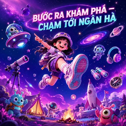 tông màu tím đậm – hồng neon – xanh cyan. Trung tâm là bé gái trong trang phục thám hiểm, tạo dáng bay giữa không gian, góc máy từ dưới lên để làm nổi bật đôi giày thể thao. Xung quanh có kính thiên văn, ống nhòm, tai nghe, la bàn, các hành tinh và sinh vật ngoài hành tinh minh họa. Phía dưới là khu cắm trại giả tưởng với lều, tên lửa, đống lửa và các nhân vật vui nhộn. Bố cục nhiều lớp, ánh sáng neon, sinh động, kỳ ảo và giàu cảm giác khám phá.