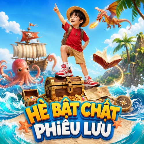 Từ hình https://media.penci.vn/bfc/image/transform/width=800,height=800/libs/images/2024/12/penci_bich_tram_05e25ef718f43f71466345f9f5ba2458ff34caf6947f808333c5326ca4d777cb.png kết hợp cho ra thiết kế với nội dung: tông màu xanh biển – vàng nắng – cam ấm, không khí vui nhộn và giàu tưởng tượng. Trung tâm là bé trai tạo dáng mạnh mẽ, mặc trang phục phiêu lưu với áo đỏ, mũ rơm, đứng nổi bật trên rương kho báu để làm nổi bật đôi giày. Bối cảnh là đảo biển hoạt hình 3D/illustration, có tàu gỗ, bạch tuộc khổng lồ, rồng bay, bản đồ, la bàn, sách bay, sóng nước, cây dừa và kho báu, tạo cảm giác bước vào thế giới thám hiểm. Bố cục nhiều lớp, màu sáng, sinh động, mang tinh thần hè sôi nổi, năng động, dành cho sản phẩm thời trang trẻ em. Phần chữ ở dưới là headline lớn, vui tươi, phá cách, tạo cảm giác bé đã sẵn sàng ra ngoài vui chơi và khám phá.