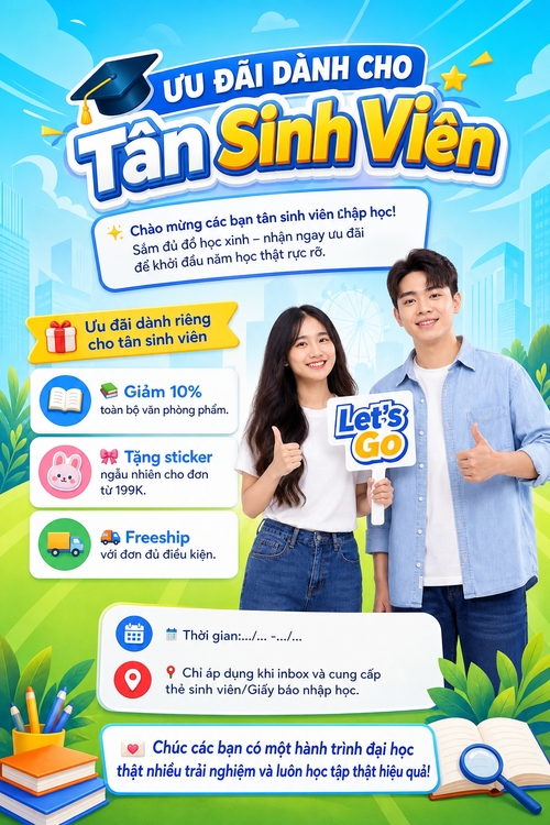 Từ hình https://media.penci.vn/bfc/image/transform/width=800,height=800/libs/images/2026/07/penci_bich_tram_w73.jpg, https://media.penci.vn/bfc/image/transform/width=800,height=800/libs/images/2026/07/penci_bich_tram_w64.jpg kết hợp cho ra thiết kế với nội dung: ✨ Chào mừng các bạn tân sinh viên nhập học!
Sắm đủ đồ học xinh – nhận ngay ưu đãi để khởi đầu năm học thật rực rỡ.
🎁 Ưu đãi dành riêng cho tân sinh viên


📚 Giảm 10% toàn bộ văn phòng phẩm.


🎀 Tặng sticker ngẫu nhiên cho đơn từ 199K.


🚚 Freeship với đơn đủ điều kiện.


📅 Thời gian:.../... -.../...
📍 Chỉ áp dụng khi inbox và cung cấp thẻ sinh viên/Giấy báo nhập học.
💌 Chúc các bạn có một hành trình đại học thật nhiều trải nghiệm và luôn học tập thật hiệu quả!