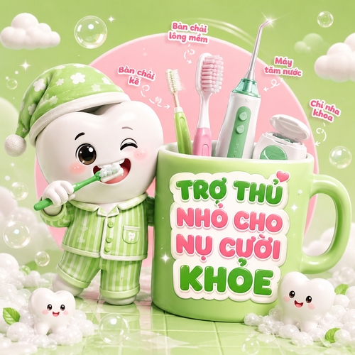 phong cách 3D hoạt hình dễ thương dành cho trẻ em, tông xanh lá pastel – hồng – trắng. Trung tâm là nhân vật 3D mascot có hình tượng chiếc răng, mặc đồ ngủ, vui vẻ đánh răng và cầm một chiếc cốc lớn chứa bàn chải kẽ, bàn chải lông mềm, máy tăm nước và chỉ nha khoa. Xung quanh có bọt xà phòng, mây mềm và hiệu ứng ánh sáng trong trẻo. Tên từng dụng cụ đặt gần sản phẩm bằng chữ hồng bo tròn. Tiêu đề lớn nổi bật trên cốc, bố cục vui nhộn, sạch sẽ, thân thiện và dễ hiểu.
Tiêu đề gợi ý