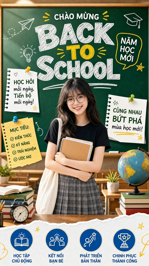 Prompt thiết kế poster vertical 2:3 chủ đề back to school, phong cách trẻ trung, tươi sáng, truyền cảm hứng, sử dụng @img1 làm ảnh chính. Giữ nhân vật nữ sinh đứng giữa khung hình, mỉm cười tự nhiên, đeo kính, mặc áo đen, váy caro xám, đeo túi tote trắng và ôm sách vở. Bối cảnh lớp học với bảng xanh lớn phía sau, bàn học gỗ, sách, đồng hồ báo thức, quả địa cầu và các chi tiết học đường.Trên bảng viết typography lớn nổi bật “BACK TO SCHOOL” kiểu chữ phấn trắng, kết hợp điểm nhấn màu vàng cho chữ “TO”. Phía trên thêm dòng “CHÀO MỪNG”, bên phải thêm nhãn “NĂM HỌC MỚI”. Trang trí doodle vẽ tay màu trắng và vàng như máy bay giấy, ngôi sao, bóng đèn ý tưởng, mũ tốt nghiệp, nét gạch phấn để tạo cảm giác sinh động và hiện đại.Thêm các tờ giấy note dán quanh bảng với nội dung tiếng Việt: “HỌC HỎI mỗi ngày, Tiến bộ mỗi ngày!”, “MỤC TIÊU: KIẾN THỨC, KỸ NĂNG, TRẢI NGHIỆM, ƯỚC MƠ”, “CÙNG NHAU BỨT PHÁ mùa học mới!”. Ở dải dưới cùng thêm 4 biểu tượng tròn màu xanh kèm nội dung: “HỌC TẬP CHỦ ĐỘNG”, “KẾT NỐI BẠN BÈ”, “PHÁT TRIỂN BẢN THÂN”, “CHINH PHỤC THÀNH CÔNG”.Tông màu chủ đạo xanh bảng, trắng, vàng, nâu gỗ; ánh sáng mềm, rõ mặt, chi tiết sắc nét, bố cục cân đối, cảm giác thân thiện, tích cực, chuyên nghiệp như poster truyền thông trường học, chất lượng cao, typography rõ ràng, sạch sẽ, bắt mắt
