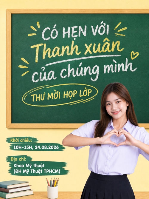 Từ hình https://media.penci.vn/bfc/image/transform/width=800,height=800/libs/images/2026/07/penci_bich_tram_w63.jpg kết hợp với https://media.penci.vn/bfc/image/transform/width=800,height=800/libs/images/2026/07/penci_bich_tram_w58.jpg cho ra thiết kế với nội dung: font chữ brush như phấn viết lên bảng, không để các icon địa chỉ, thời gian, không để chữ thời gian và địa chỉ