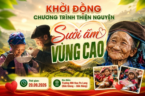 Từ hình https://media.penci.vn/bfc/image/transform/width=800,height=800/libs/images/2025/10/penci_pixabay_couple_breakfast_old.jpg kết hợp với https://media.penci.vn/bfc/image/transform/width=800,height=800/libs/images/2025/08/penci_pixabay_chienba1.jpg, https://media.penci.vn/bfc/image/transform/width=800,height=800/libs/images/2025/10/penci_pixabay_woman_granny_smile.jpg cho ra thiết kế với nội dung: Thời gian: 20.09.2026Địa điểm: Trường MN Hoa Po Lang (Đắk Glong – Đắk Nông)