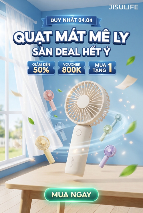 Một poster quảng cáo thương mại điện tử cho dòng Quạt cầm tay  mini mang phong cách 3D commercial product showcase / anti-gravity e-commerce poster, [BỐ CỤC LÕI & TÍNH CHẤT VẬT LIỆU]Phông nền (Background):Bối cảnh nội thất mùa hè sáng sủa, phối màu xanh da trời – trắng – kem gỗ, gợi cảm giác mát mẻ, thoáng đãng. Không gian giống một căn phòng hiện đại có cửa sổ lớn, rèm trắng bay nhẹ, ánh sáng tự nhiên tràn vào, kết hợp với bàn gỗ sáng màu ở tiền cảnh.Cơ chế đồng bộ hình ảnh:Bối cảnh trung tâm sắp xếp một bộ sưu tập sản phẩm chứa [DÒNG SẢN PHẨM CHÍNH VÀ Ý NGHĨA ĐỒNG BỘ] theo kiểu lơ lửng, nổi bật sản phẩm chính ở giữa và các sản phẩm phụ xung quanh.Tính chất vật liệu sản phẩm: Các sản phẩm quạt mang kiểu dáng hiện đại, nhỏ gọn, bo tròn mềm mại, bề mặt nhựa cao cấp mịn / semi-matte / hơi bóng nhẹ, một số chi tiết có mặt hiển thị điện tử hoặc vòng gió dạng tuabin. Thiết kế tổng thể theo hướng công nghệ gia dụng cao cấp, sạch sẽ và thân thiện.Cơ chế bố trí sản phẩm: Một sản phẩm chính được đặt lớn nhất ở trung tâm hoặc lệch nhẹ về phía trước. Các sản phẩm còn lại được bố trí xung quanh ở nhiều kích cỡ, nhiều góc nhìn khác nhau để tạo cảm giác đa dạng mẫu mã và chiều sâu thị giác.Đạo cụ môi trường lơ lửng: Xung quanh sản phẩm có các chi tiết hỗ trợ cảm giác mát lạnh và sống động như lá cây bay, giấy nhẹ bị gió thổi, rèm cửa tung lên, ánh gió xoáy mềm, chùm sáng, hạt bụi sáng nhẹ, giúp nhấn mạnh công năng làm mát.Bối cảnh phụ trợ: Có thể bổ sung các chi tiết nội thất như ghế sofa, tủ nhỏ, chậu cây mini, khung ảnh, lịch để bàn hoặc các phụ kiện trang trí để tạo cảm giác sản phẩm đang xuất hiện trong không gian sống thực tế.Kiểu dáng Font chữ & Style chữ (Typography độc bản):Cụm tiêu đề chính (Phía trên trung tâm):Sử dụng font chữ sans-serif cực dày, bo tròn, năng động, mang cảm giác sale / thương mại điện tử, kết hợp hiệu ứng nổi khối 3D.Xử lý kiểu chữ:Chữ chính có màu trắng sáng, viền xanh dương đậm hoặc xanh điện, có đổ bóng dày và glow nhẹ để tạo cảm giác bật mạnh khỏi nền. Một số từ khóa quan trọng có thể dùng màu xanh, vàng hoặc phối màu tương phản để tạo điểm nhấn.Các khối thông tin phụ:Các badge giảm giá, voucher và ưu đãi đi kèm được đặt trong các hình tròn / bầu dục bóng mượt màu xanh lá – trắng, gợi cảm giác khuyến mãi nổi bật. Các chữ bên trong dùng font sans-serif đậm, dễ đọc và phân cấp rõ ràng.[CHI TIẾT ĐỒ HỌA & TRANG TRÍ BỔ TRỢ]Phía trên có thể có ribbon / dải banner cong mềm để chứa nội dung ngày diễn ra chương trình sale.Các badge tròn bóng mượt đặt gần tiêu đề để hiển thị giảm giá, voucher hoặc quà tặng.Xung quanh sản phẩm là các lá cây xanh, giấy bay, vệt gió, hiệu ứng chuyển động không khí, làm nổi bật cảm giác quạt đang thổi mát.Trong hậu cảnh có thể xuất hiện cửa sổ lớn, rèm bay, ghế sofa, chậu cây, kệ nhỏ, giúp visual vừa thương mại vừa có tính lifestyle.Góc dưới có nút CTA dạng nút bấm màu xanh lá phát sáng, viền nổi, bo góc lớn, rất rõ ràng theo kiểu quảng cáo sàn thương mại điện tử.[HIỆU ỨNG ÁNH SÁNG & CHUYỂN ĐỘNG]Ánh sáng chính: Ánh sáng trắng mềm, sáng đều, theo kiểu ảnh quảng cáo sản phẩm thương mại, làm rõ toàn bộ thân máy và chất liệu nhựa.Ánh sáng viền: Các sản phẩm có thể có ánh sáng viền nhẹ hoặc glow mát để tăng cảm giác công nghệ và nổi khối.Hiệu ứng chuyển động: Thêm các yếu tố như lá bay, giấy bay, rèm tung, vệt sáng mềm, luồng gió xoáy nhẹ để thể hiện sức gió và cảm giác làm mát.Hiệu ứng chiều sâu: Sản phẩm trung tâm nét nhất và lớn nhất; các sản phẩm phụ, nội thất phía sau và chi tiết xa được làm mờ nhẹ để tạo depth of field.Tổng thể: Poster mang cảm giác mát lạnh, sôi động, quảng bá khuyến mãi lớn, thân thiện với người mua online.[BẢNG MÀU & CƠ CHẾ ĐỒNG BỘ MÀU SẮC]Màu nền chủ đạo: Xanh da trời, xanh cyan, trắng, kem sáng.Màu vật liệu phụ trợ: Gỗ sáng, xanh lá nhẹ, be nhạt.Màu sản phẩm: Hồng nude, đen xám, trắng, xanh mint, hồng san hô hoặc các màu pastel công nghệ.Màu nhấn sale: Xanh dương đậm, xanh lá neon nhẹ, vàng kem.Tổng thể màu sắc: Tươi mát, sạch sẽ, mùa hè, hiện đại, năng lượng tích cực, chuẩn visual bán hàng online.[KIỂU DÁNG FONT CHỮ & STYLE CHỮ – TYPOGRAPHY ĐỘC BẢN]1. Logo thương hiệu phía trênĐặt ở góc trên phải hoặc một khu vực riêng biệt ở đầu poster.Dùng logo chữ thương hiệu rõ ràng, gọn gàng, mang phong cách công nghệ – lifestyle.Có thể đặt trong một khối nền trắng bo góc để tăng độ nhận diện.2. Ribbon ngày saleLà dải banner cong màu kem / vàng nhạt, nằm phía trên tiêu đề chính.Font sans-serif đậm, chữ in hoa hoặc chữ thường rõ ràng.Nội dung ngắn gọn kiểu “duy nhất”, “flash sale”, “ngày vàng”, đi kèm ngày tháng nổi bật.3. Tiêu đề chínhLà cụm chữ lớn nhất poster.Dùng font sans-serif bo tròn, bản siêu dày, có hiệu ứng 3D nổi.Chữ màu trắng, viền xanh dương đậm, có đổ bóng rõ.Một vài từ khóa chính có thể dùng màu nhấn như vàng hoặc xanh đậm để tăng nhịp điệu.4. Badge ưu đãiDùng font sans-serif đậm, dễ đọc.Trình bày bên trong các khối hình tròn hoặc bong bóng bóng mượt.Thông tin số như “50%”, “800K”, “1” phải lớn và nổi bật hơn các chữ phụ.5. Nút kêu gọi hành động (CTA)Dùng font sans-serif đậm, chữ trắng in hoa.Đặt trong nút bo tròn màu xanh lá, có viền và bóng nổi mạnh.Nút phải rõ, dễ nhìn và có cảm giác “bấm ngay”.[DANH MỤC TEXT NỘI DUNG VÀ BIẾN SỐ ĐỒNG BỘ (ĐÃ VIỆT HÓA) – THAY THẾ TẠI ĐÂY]1. [DÒNG SẢN PHẨM CHÍNH VÀ Ý NGHĨA ĐỒNG BỘ]BỘ SƯU TẬP QUẠT CẦM TAY MINI / QUẠT LÀM MÁT CÁ NHÂN GỒM NHIỀU MẪU QUẠT CÔNG NGHỆ NHỎ GỌN, BO TRÒN, HIỆN ĐẠI. Ở TRUNG TÂM LÀ MỘT MẪU QUẠT CHÍNH KÍCH THƯỚC LỚN NHẤT, XUNG QUANH LÀ CÁC MẪU QUẠT KHÁC VỚI NHIỀU MÀU SẮC VÀ KIỂU DÁNG KHÁC NHAU. CÁC SẢN PHẨM ĐƯỢC SẮP XẾP THEO PHONG CÁCH LƠ LỬNG NỔI BẬT, BAO QUANH BỞI LÁ CÂY, GIẤY BAY, RÈM CỬA VÀ CÁC CHI TIẾT THỂ HIỆN LUỒNG GIÓ MÁT.Ví dụ thay đổi từ khóa này để AI tự động đồng bộ sang dòng sản phẩm khác:BỘ SƯU TẬP MÁY SẤY TÓC MINI / QUẠT ĐEO CỔ / QUẠT BÀN NHỎ GỌN CHO MÙA HÈ, GỒM 1 SẢN PHẨM CHÍNH Ở GIỮA VÀ 3–5 SẢN PHẨM PHỤ XOAY QUANH, KẾT HỢP HIỆU ỨNG GIÓ, LÁ BAY VÀ KHÔNG GIAN NỘI THẤT MÁT MẺ.2. LOGO / THƯƠNG HIỆU PHÍA TRÊNJISULIFE3. RIBBON NGÀY KHUYẾN MÃIDUY NHẤT 04.044. TIÊU ĐỀ CHÍNH – DÒNG 1QUẠT MÁT MÊ LY5. TIÊU ĐỀ CHÍNH – DÒNG 2SĂN DEAL HẾT Ý6. BADGE ƯU ĐÃI 1GIẢM ĐẾN 50%7. BADGE ƯU ĐÃI 2VOUCHER 800K8. BADGE ƯU ĐÃI 3MUA TẶNG 19. NÚT KÊU GỌI HÀNH ĐỘNGMUA NGAY10. TÊN THƯƠNG HIỆU IN TRÊN THÂN SẢN PHẨMJISULIFE