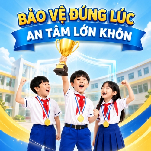 Từ hình https://media.penci.vn/bfc/image/transform/width=800,height=800/libs/images/2026/05/penci_bich_tram_w5_1.jpg kết hợp cho ra thiết kế với nội dung: phong cách trẻ trung – tích cực – truyền cảm hứng cho trẻ em, tông màu xanh dương – vàng tươi sáng. Trung tâm là 3 bạn nhỏ mặc đồng phục học sinh, đeo huy chương, tạo dáng vui vẻ chiến thắng. Bạn ở giữa đứng nổi bật phía trước, giơ cao chiếc cúp lớn màu vàng, tạo cảm giác tự hào và dẫn dắt. Phía sau là bối cảnh sân trường quen thuộc, bố cục sạch sẽ, sáng rõ. Phần headline đặt phía trên với kiểu chữ to, nổi bật, kết hợp dải ruy băng xanh để nhấn mạnh thông điệp. Tổng thể mang cảm giác thành tích – bảo vệ – đúng thời điểm vàng cho trẻ, phù hợp nội dung truyền thông y tế/chăm sóc sức khỏe cho nhóm tuổi học đường.
