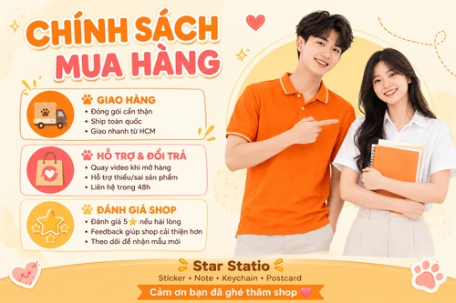 Từ hình https://media.penci.vn/bfc/image/transform/width=800,height=800/libs/images/2026/07/penci_tran_tran_d5f95bcf_80b8_46c1_8bbb_3ce66d2c46a6.png kết hợp cho ra thiết kế với nội dung: 🐾 GIAO HÀNGĐóng gói cẩn thậnShip toàn quốcGiao nhanh từ HCM🐾 HỖ TRỢ & ĐỔI TRẢQuay video khi mở hàngHỗ trợ thiếu/sai sản phẩmLiên hệ trong 48h🐾 ĐÁNH GIÁ SHOPĐánh giá 5⭐ nếu hài lòngFeedback giúp shop cải thiện hơnTheo dõi để nhận mẫu mớiStar StatioSticker • Note • Keychain • PostcardCảm ơn bạn đã ghé thăm shop 💗
