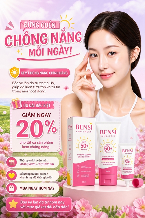 Từ hình https://media.penci.vn/bfc/image/transform/width=800,height=800/libs/images/2025/07/penci_bich_tram_freepik_a_closeup_portrait_of_a_beautiful_young_asian_woma_89182.jpg kết hợp với https://media.penci.vn/bfc/image/transform/width=800,height=800/libs/images/2026/05/penci_van_kha_nguyen_acff_23.jpg, https://media.penci.vn/bfc/image/transform/width=800,height=800/libs/images/2026/07/youdesign-w22-2026112244.jpg cho ra thiết kế với nội dung: ĐỪNG QUÊN CHỐNG NẮNG MỖI NGÀY!KEM CHỐNG NẮNG CHÍNH HÃNGBảo vệ làn da trước tia UV, giúp da luôn tươi tắn và tự tin trong mọi hoạt động.🎉 ƯU ĐÃI ĐẶC BIỆTGIẢM NGAY 20% cho tất cả sản phẩm kem chống nắng.📅 Thời gian khuyến mãi: 20/07/2026 – 27/07/2026💛 Số lượng ưu đãi có hạn – Nhanh tay để không bỏ lỡ!🛍️ MUA NGAY HÔM NAY✨ Bảo vệ làn da từ hôm nay với mức giá ưu đãi hấp dẫn!
