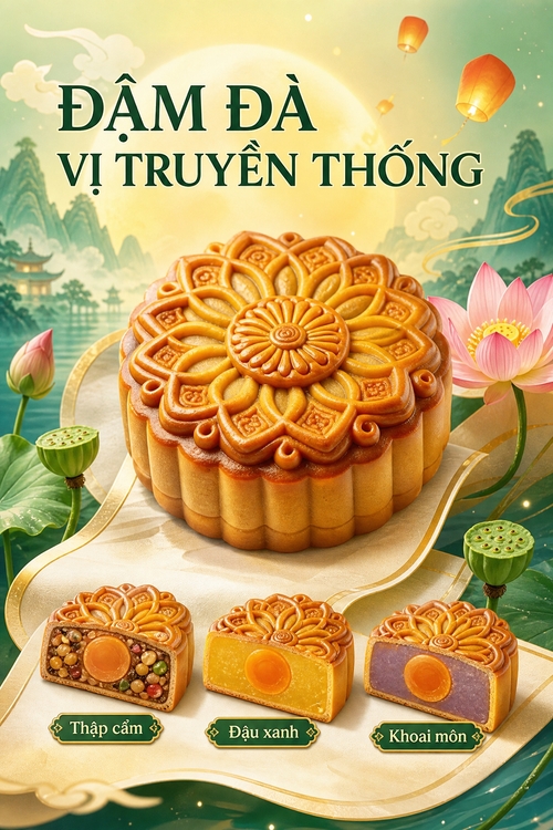 Thay thế hình, https://media.penci.vn/bfc/image/transform/width=800,height=800/libs/images/2025/09/penci_pexels_q8.png vào thiết kế này https://media.penci.vn/bfc/image/transform/width=800,height=800/libs/imgupload/2026/07/upload_367_isO5WHP250Cz.png kết hợp cho ra thiết kế với nội dung: phong cách màu sắc mang hương trung thu một chút, bánh chia làm 3 nhân: Thập cẩm, đậu xanh, khoai môn, chiếc bánh đặt trên dải giấy cùng hoa sen, tạo ênn nét truyền thống, nhưng vẫn đơn giản, sang trọng