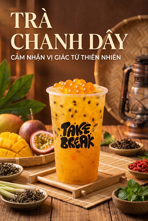 Một poster quảng cáo trà thảo mộc mang phong cách commercial beverage photography / rustic herbal tea poster, không khí ấm áp, mộc mạc, thiên nhiên [BỐ CỤC LÕI & TÍNH CHẤT VẬT LIỆU]Phông nền: Không gian trong nhà tông nâu ấm, ánh sáng vàng cam, hậu cảnh mờ nhẹ tạo cảm giác gần gũi và thư giãn.
Bố cục trung tâm: Một ly trà đặt chính giữa, là chủ thể lớn nhất.
Mặt bàn & bệ trưng bày: Bàn gỗ mộc, khay tre / nia tre nhỏ để nâng ly và nguyên liệu, tạo cảm giác thủ công – thiên nhiên.Sản phẩm & nguyên liệu: Phần mô tả sản phẩm chỉ cần để như ảnh đính kèm. https://media.penci.vn/bfc/image/transform/width=800,height=800/libs/imgupload/2026/07/upload_367_jXyhKalIaj0f.png [CHI TIẾT ĐỒ HỌA & TRANG TRÍ BỔ TRỢ]Xung quanh ly có các nguyên liệu thảo mộc bày trên mẹt tre, chén nhỏ, giỏ mây mini.
Hậu cảnh có thêm các chi tiết decor mộc như đèn dầu, mẹt tre lớn, lá xanh, tạo chiều sâu văn hóa – thiên nhiên.
Một vài nguyên liệu được đặt rải quanh chân ly để dẫn mắt về trung tâm.
Logo thương hiệu được in trực tiếp trên thân ly theo kiểu nổi bật, rõ ràng.[HIỆU ỨNG ÁNH SÁNG & CHUYỂN ĐỘNG]Ánh sáng chính: Ánh sáng vàng ấm chiếu từ phía trước và hơi chếch bên, làm nổi màu trà và bề mặt đá.
Ánh sáng phụ: Hậu cảnh có glow mềm và bokeh nhẹ để tạo chiều sâu.
Hiệu ứng chất liệu: Ly nhựa bóng, nước trà trong, đá phản sáng nhẹ, nguyên liệu có độ chân thực cao.Cảm giác chuyển động: Tổng thể khá tĩnh, chỉ nhấn bằng ánh sáng lấp lánh trên ly và cảm giác “tươi mới – vừa pha xong”.[BẢNG MÀU & CƠ CHẾ ĐỒNG BỘ MÀU SẮC]Màu chủ đạo: Nâu gỗ, cam hổ phách, vàng mật ong, nâu đất.
Màu phụ: Xanh lá tự nhiên, be tre, vàng ấm.
Màu chữ: Kem sáng / trắng ngà để nổi trên nền tối.[KIỂU DÁNG FONT CHỮ & STYLE CHỮ – TYPOGRAPHY ĐỘC BẢN]

Tên font dưới đây là font gợi ý gần nhất để tái tạo phong cách.

1. Tiêu đề chính serif lớnPhong cách: Serif cao cấp, thanh đậm rõ, sang trọng nhưng vẫn mềm mại.
Font gợi ý: TH Luxury 
Đặc điểm: Chữ to, nổi bật, xếp nhiều dòng, màu kem sáng / vàng nhạt.2. Dòng mô tả phụ dưới tiêu đềPhong cách: Sans-serif rõ ràng, hiện đại, dễ đọc.
Font gợi ý: Be Vietnam Pro Medium, Montserrat Medium, Averta, SVN-Gilroy Medium.
Đặc điểm: Chữ nhỏ hơn tiêu đề, đặt ngang, màu trắng / kem sáng.1. [DÒNG SẢN PHẨM CHÍNH VÀ Ý NGHĨA ĐỒNG BỘ]PHẦN MÔ TẢ SẢN PHẨM: NHƯ ẢNH ĐÍNH KÈM.2. TIÊU ĐỀ CHÍNH – DÒNG 1TRÀ4. TIÊU ĐỀ CHÍNH – DÒNG 2CHANH DÂY5. DÒNG MÔ TẢ PHỤ DƯỚI TIÊU ĐỀCẢM NHẬN VỊ GIÁC TỪ THIÊN NHIÊN6. LOGO IN TRÊN THÂN LY từ ảnh đính kèm https://media.penci.vn/bfc/image/transform/width=800,height=800/libs/imgupload/2026/07/upload_367_VyFpIXjntNox.png Một poster quảng cáo trà thảo mộc mang phong cách commercial beverage photography / rustic herbal tea poster, không khí ấm áp, mộc mạc, thiên nhiên [BỐ CỤC LÕI & TÍNH CHẤT VẬT LIỆU]Phông nền: Không gian trong nhà tông nâu ấm, ánh sáng vàng cam, hậu cảnh mờ nhẹ tạo cảm giác gần gũi và thư giãn.
Bố cục trung tâm: Một ly trà đặt chính giữa, là chủ thể lớn nhất.
Mặt bàn & bệ trưng bày: Bàn gỗ mộc, khay tre / nia tre nhỏ để nâng ly và nguyên liệu, tạo cảm giác thủ công – thiên nhiên.Sản phẩm & nguyên liệu: Phần mô tả sản phẩm chỉ cần để như ảnh đính kèm. [CHI TIẾT ĐỒ HỌA & TRANG TRÍ BỔ TRỢ]Xung quanh ly có các nguyên liệu thảo mộc bày trên mẹt tre, chén nhỏ, giỏ mây mini.
Hậu cảnh có thêm các chi tiết decor mộc như đèn dầu, mẹt tre lớn, lá xanh, tạo chiều sâu văn hóa – thiên nhiên.
Một vài nguyên liệu được đặt rải quanh chân ly để dẫn mắt về trung tâm.
Logo thương hiệu được in trực tiếp trên thân ly theo kiểu nổi bật, rõ ràng.[HIỆU ỨNG ÁNH SÁNG & CHUYỂN ĐỘNG]Ánh sáng chính: Ánh sáng vàng ấm chiếu từ phía trước và hơi chếch bên, làm nổi màu trà và bề mặt đá.
Ánh sáng phụ: Hậu cảnh có glow mềm và bokeh nhẹ để tạo chiều sâu.
Hiệu ứng chất liệu: Ly nhựa bóng, nước trà trong, đá phản sáng nhẹ, nguyên liệu có độ chân thực cao.Cảm giác chuyển động: Tổng thể khá tĩnh, chỉ nhấn bằng ánh sáng lấp lánh trên ly và cảm giác “tươi mới – vừa pha xong”.[BẢNG MÀU & CƠ CHẾ ĐỒNG BỘ MÀU SẮC]Màu chủ đạo: Nâu gỗ, cam hổ phách, vàng mật ong, nâu đất.
Màu phụ: Xanh lá tự nhiên, be tre, vàng ấm.
Màu chữ: Kem sáng / trắng ngà để nổi trên nền tối.[KIỂU DÁNG FONT CHỮ & STYLE CHỮ – TYPOGRAPHY ĐỘC BẢN]

Tên font dưới đây là font gợi ý gần nhất để tái tạo phong cách.

1. Tiêu đề chính serif lớnPhong cách: Serif cao cấp, thanh đậm rõ, sang trọng nhưng vẫn mềm mại.
Font gợi ý: TH Luxury 
Đặc điểm: Chữ to, nổi bật, xếp nhiều dòng, màu kem sáng / vàng nhạt.2. Dòng mô tả phụ dưới tiêu đềPhong cách: Sans-serif rõ ràng, hiện đại, dễ đọc.
Font gợi ý: Be Vietnam Pro Medium, Montserrat Medium, Averta, SVN-Gilroy Medium.
Đặc điểm: Chữ nhỏ hơn tiêu đề, đặt ngang, màu trắng / kem sáng.1. [DÒNG SẢN PHẨM CHÍNH VÀ Ý NGHĨA ĐỒNG BỘ]PHẦN MÔ TẢ SẢN PHẨM: NHƯ ẢNH ĐÍNH KÈM.2. TIÊU ĐỀ CHÍNH – DÒNG 1TRÀ4. TIÊU ĐỀ CHÍNH – DÒNG 2CHANH DÂY5. DÒNG MÔ TẢ PHỤ DƯỚI TIÊU ĐỀCẢM NHẬN VỊ GIÁC TỪ THIÊN NHIÊN6. LOGO IN TRÊN THÂN LY từ ảnh đính kèm
