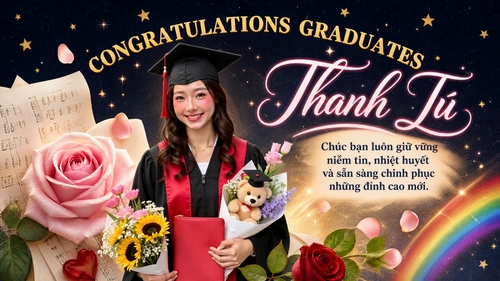 Từ hình https://media.penci.vn/bfc/image/transform/width=800,height=800/libs/images/2026/07/penci_bich_tram_w79.jpg kết hợp với https://media.penci.vn/bfc/image/transform/width=800,height=800/libs/images/2026/02/penci_pexels_f3.png, https://media.penci.vn/bfc/image/transform/width=800,height=800/libs/images/2025/04/penci_pixabay_nen_hinh_nen_hoa_hoa_la_flower_hoa_hong_rose_beasternchen.jpg, https://media.penci.vn/bfc/image/transform/width=800,height=800/libs/images/2026/04/penci_pexels_6946.jpg, https://media.penci.vn/bfc/image/transform/width=800,height=800/libs/images/2025/06/penci_bich_tram_freepik_a_young_woman_is_celebrating_her_graduation_she_is_31597.jpeg cho ra thiết kế với nội dung: Hình 1 làm background, các hình còn lại tách nền ghép lộn xộn, hình 5 ở giữa, chữ cong, chữ Thanh Tú font viết tay bay bổng